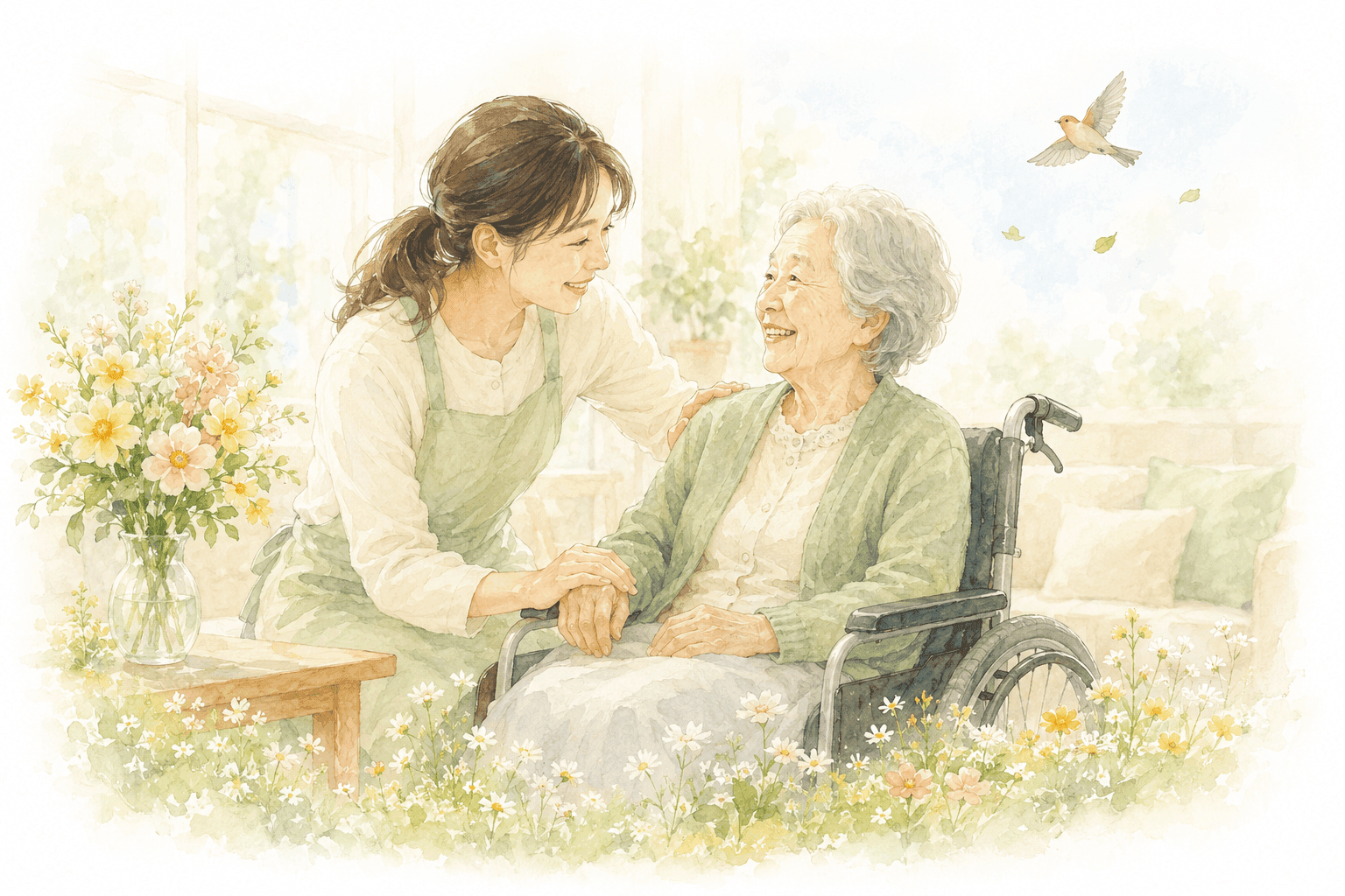 介護士が、車椅子の高齢者にやさしく寄り添って話しかけている水彩イラスト